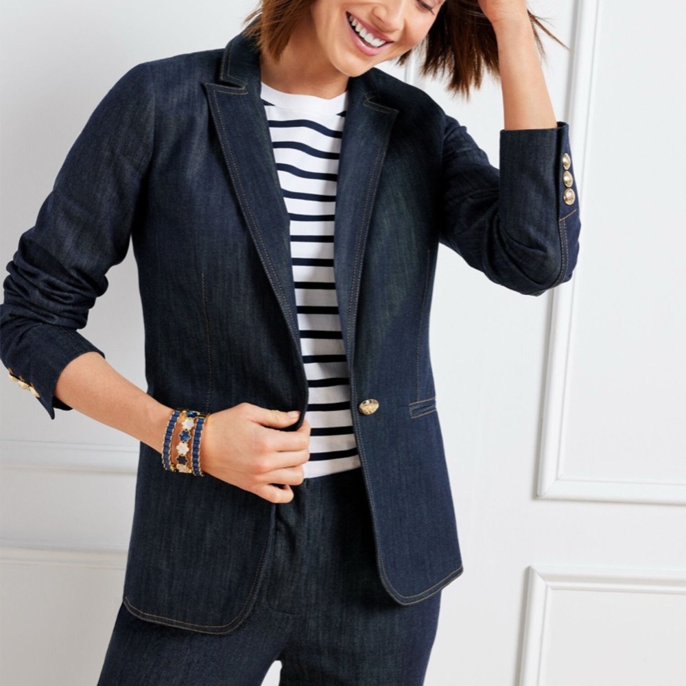 Talbots Dark Indigo Denim Blazer with Gold Buttons